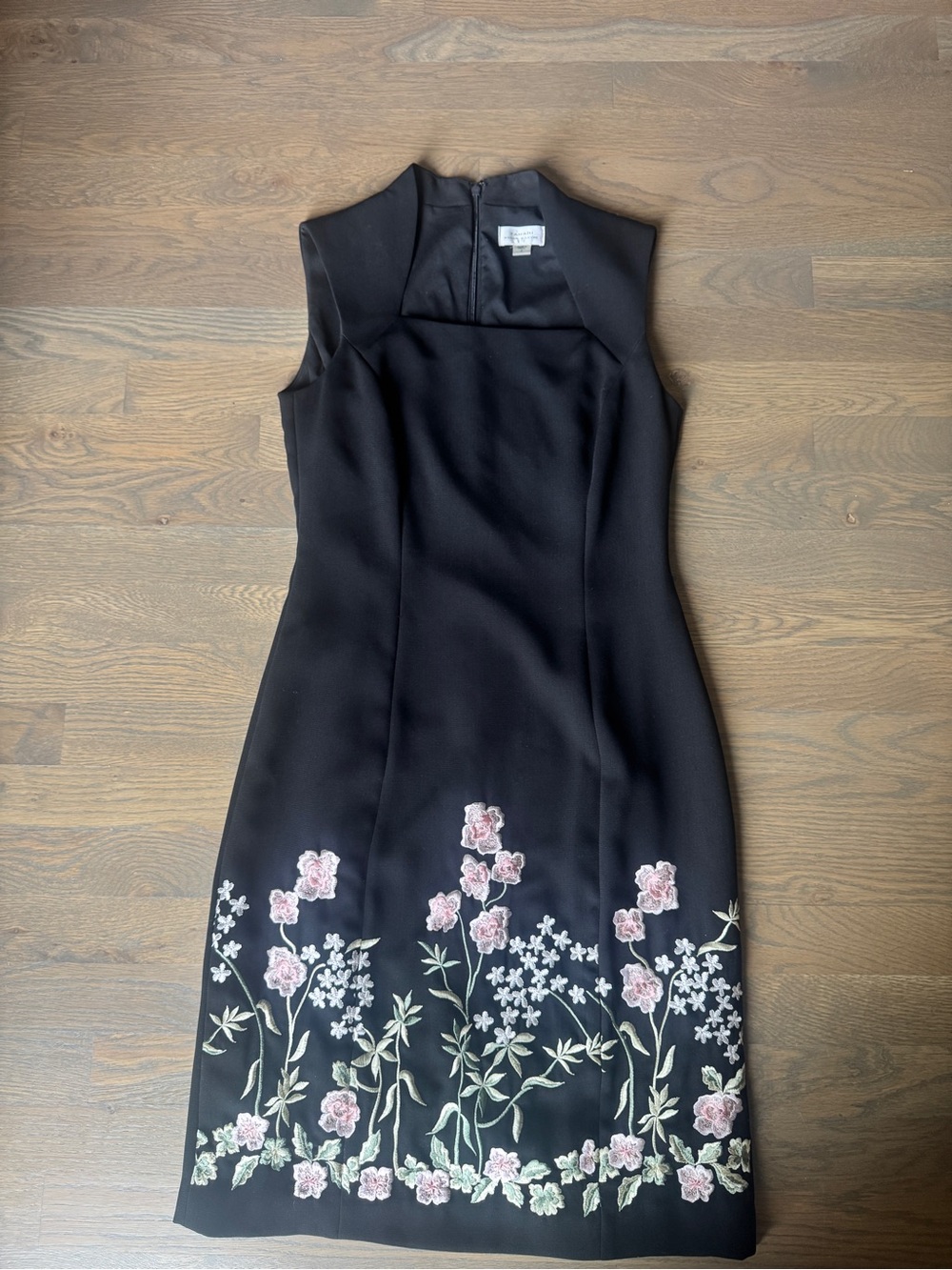 TAHARI ASL Black Floral Trim Dress Sleeveless Square Neck